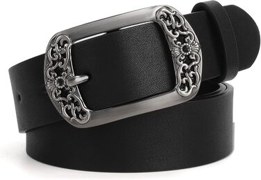 Жіночий шкіряний ремінь SUOSDEY Класичний чорний з квітковою пряжкою для джинсів, суконь, модних образів, 100 см, розмір талії 73-83 см