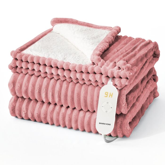 Електрична ковдра з підігрівом 130x180 см з таймером та захистом від перегріву, 9 рівнів нагріву, функція пам'яті, для ліжка, офісу (Рожеста смугаста)