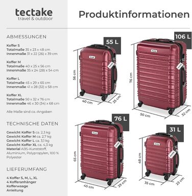 Набір валіз Tectake® 4 шт. з жорстким корпусом ABS, з колесами, телескопічною ручкою та замком, включаючи ваги та аксесуари для валіз. Розміри: S, M, L, XL (Бордовий)