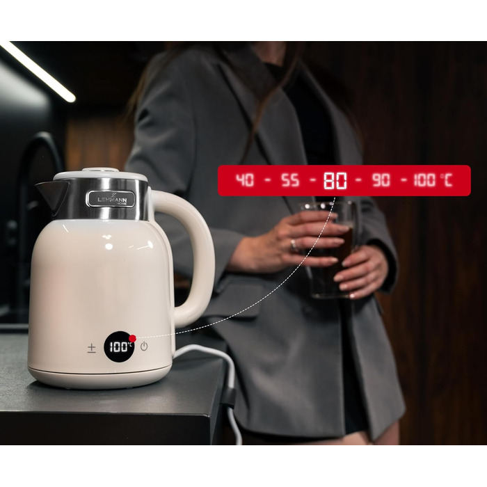 Електричний чайник LEHMANN з регулюванням температури 40-100°C, 1,5L, функцією підігріву, швидким нагріванням, LED-дисплеєм, нержавіючою сталлю, автовимкненням та захистом від перегріву, BPA-free, кремовий