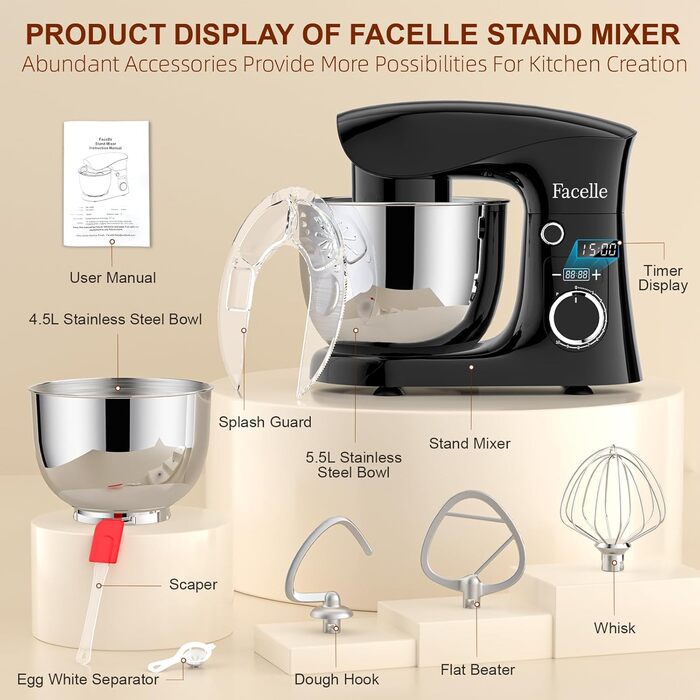 Кухонна машина-міксер Facelle 1500W з чашею 5.5л/4.5л, 10+ програм, чорний