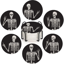 Britimes Drink Coasters, Set of 6, White Marble, Inspiring Love, Absorbent, Round, Ceramic-Stone Mat, with Cork Bottom and Metal Holder, Housewarming Gift, Bar, Decor (Skeleton)