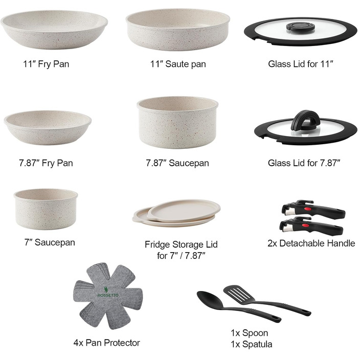 Набір каструль та сковорідок Rossetto 17 предметів з антипригарним покриттям, кераміка, індукційний, для дому та подорожей, знімні ручки, без PFOA та STONE