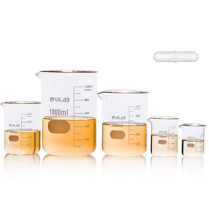 ULAB Scientific Beaker Set with Magnetic Stirrer Rod Offer, 5 Sizes: 50 ml, 100 ml, 250 ml, 500 ml, 1000 ml, 3.3 Boro Griffin Low Form with Printed Graduations, UBG1002