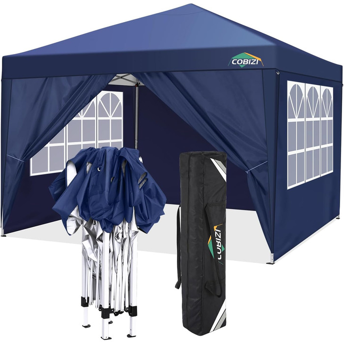 COBIZI Pop-up Pavilion 3x3, Folding Pavilion 3x3 Waterproof, Stable, Winterproof |8x Pegs|4x Wind Rope|UV Protection 50+|High-Density Tarpaulin| Pavilion Folding 3x3m Party Tent Folding Pavilion 3x3 Garden Pavilion (Navy Blue, 3x3m with 4 Side Walls)