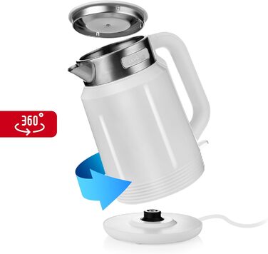 Електричний чайник LEHMANN з нержавіючої сталі 2L, 2200W, швидкий нагрів, подвійні стінки, автовимкнення та захист від перегріву, BPA-free, для великих сімей та офісів, білий