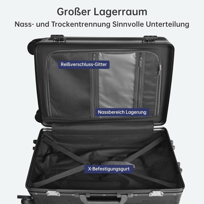 Валіза ручної огляду авіалінії з обертовими колесами, 50 см (20 дюймів), з алюмінієвим каркасом, інтегрованим замком TSA, USB-портом та тримачем для телефону. Білий (Чорний, 61 см (24 дюйми))