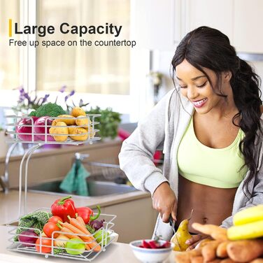 Металева фруктова корзина Bomclap на 2 яруси з підставкою для бананів - кухонна фруктова миска, знімна, декоративна, срібна