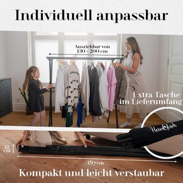 Clothes rack/Laundry rack + Bag Moritz black [Extendable 1.30-2.0m, foldable, very Stable Stainless Steel] Clothes rail, coat rack, hallway coat rack, open wardrobe