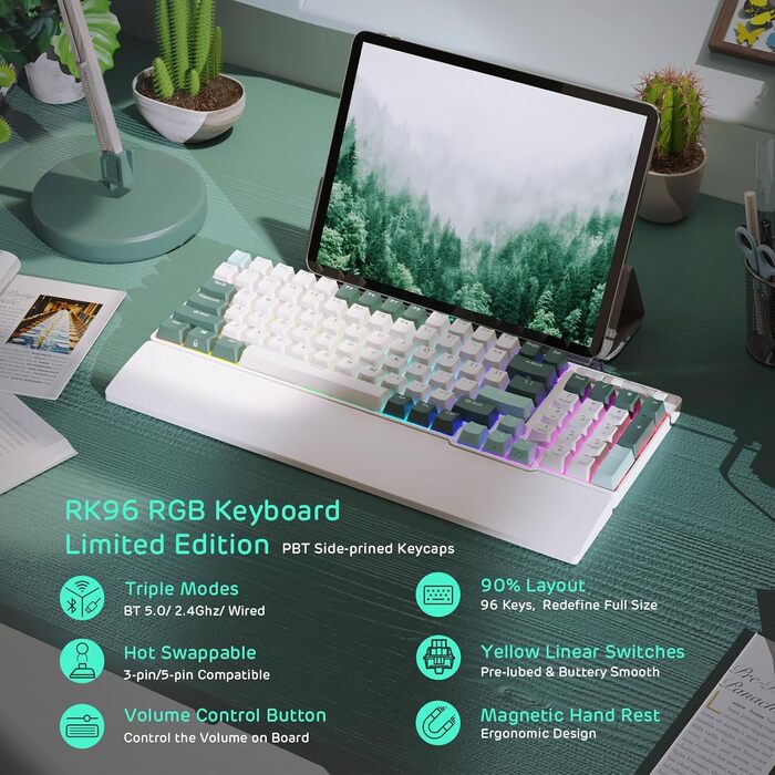 Механічна клавіатура RK ROYAL KLUDGE RK96 RGB Limited Ed з RGB підсвічуванням, 96 клавіш, 90% layout, Bluetooth 5.0/2.4G/USB-C, Hot-Swap, QWERTY (Camp Grün)