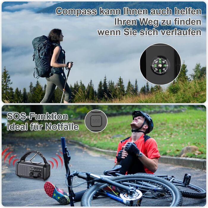 Радіо-кришка з акумулятором 20000mAh, сонячне, динамо, AM/FM, Power Bank, LED ліхтарик, SOS-сигнал, компас (Чорний)