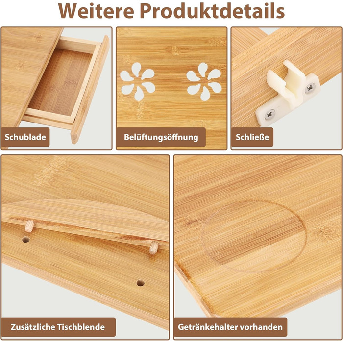 Столик для ноутбука 50x30 см з бамбука з ящиком та вентиляційними отворами | Столик для ліжка, колін