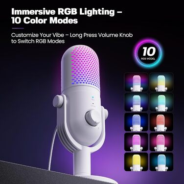 USB Мікрофон для ПК, Gaming RGB Mikrofon PS4/PS5 - для стрімінгу, YouTube, подкастів (білий)