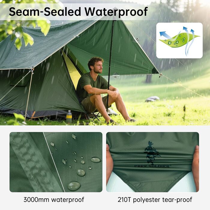FREE SOLDIER 3x3.2m Waterproof Tarp - Ultralight Camping Shelter, UV Protection, Military Green