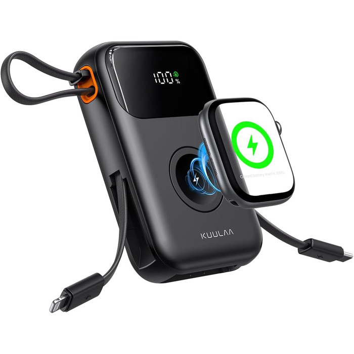 Power Bank Kuulaa для Apple Watch 10000mAh з LCD-дисплеєм та двома кабелями, 22.5W PD, сумісний з iPhone, iPad, Apple Watch 10/9/8/Ultra2/Ultra/SE
