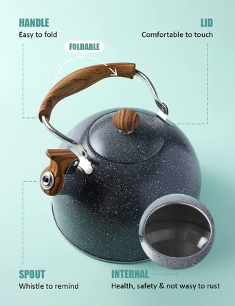 Чайник BELANKO 2,5 л з свистком, нержавіюча сталь, з дерев'ястим декором, складаний ручка, для чаю, кави, молока – блакитний (сірий)