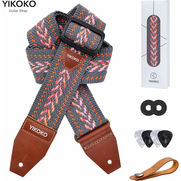 Гітарний ремінь 5,1 см з бавовни, з шкіряними кінцями для бас-, електро- та акустичних гітар (Сірий)
