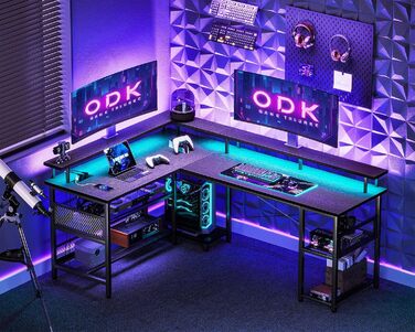 Ігровий стіл ODK з LED-підсвіткою, кутовий, з 2 розетками та 2 USB-портами, великий чорний письмовий стіл 168×120 см з сітчастою полицею