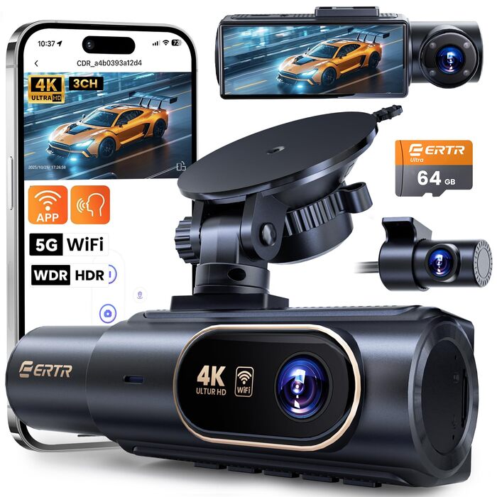 3-канальний 4K відеореєстратор для авто з камерою заднього виду, Wi-Fi, G-сенсором та нічною зйомкою, 4K+1080P+1080P, 64GB SD-карта в комплекті