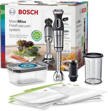 Блендер Bosch MaxoMixx MS8CM61V1 з вакуумною функцією, 1000 Вт, нержавіюча сталь, 4-в-1, мірний стакан, вакуумний насос і аксесуари