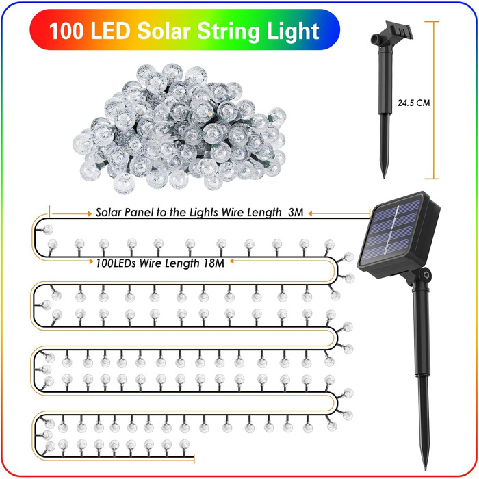 Сонячна гірлянда для вулиці, 60 LED, 13.2м, 8 режимів, IP65, тепле світло. Декорація для балкона, тераси, саду, ялинки.