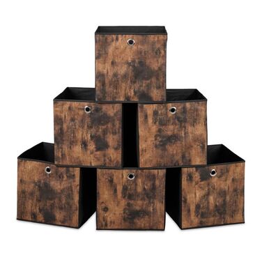 Relaxdays Fabric Storage Boxes with Wood-Look Design, 6-Piece Set
