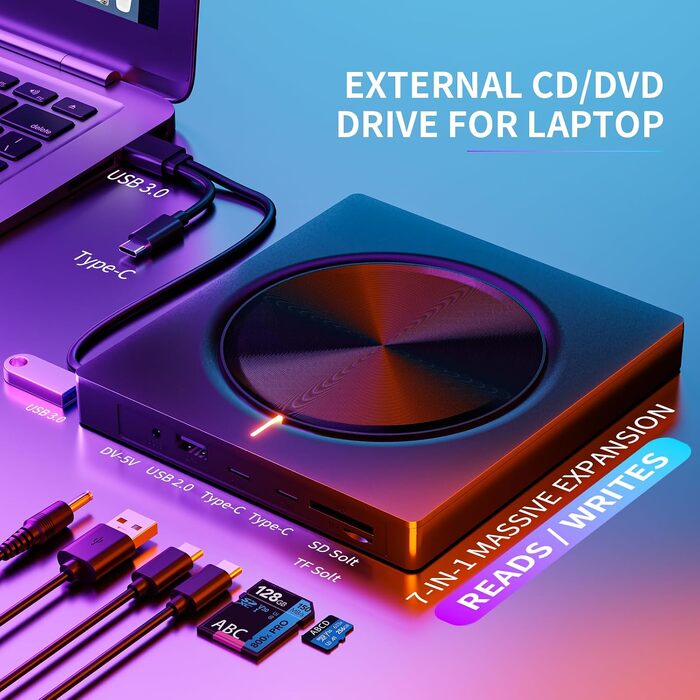 Зовнішній CD/DVD привід USB 3.0 та USB-C, оптичний накопичувач CD/DVD +/-RW ROM для ноутбука, ПК, MacBook, iMac (Windows, MacOS, Linux)