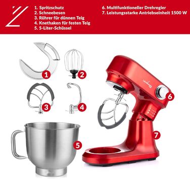 Кухонна машина LEHMANN 1500W з набором аксесуарів, планетарний міксер з чашею 5л, 12 швидкостей, захист від перегріву, червоний