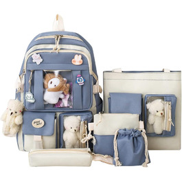 Яскравий рюкзак з милим аксесуаром, 5-ти частинний набір, великий рюкзак у стилі Харадзюку, трендовий рюкзак для школи, коледжу, подорожей, з нашивками, для дівчат, блакитний