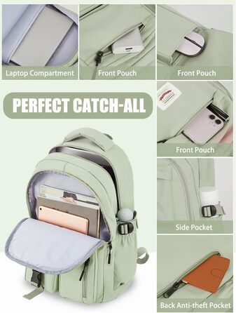 Шкільний рюкзак FIORETTO для підлітків та жінок. Водостійкий, легкий, з відділенням для ноутбука 14 дюймів. Зелений колір.