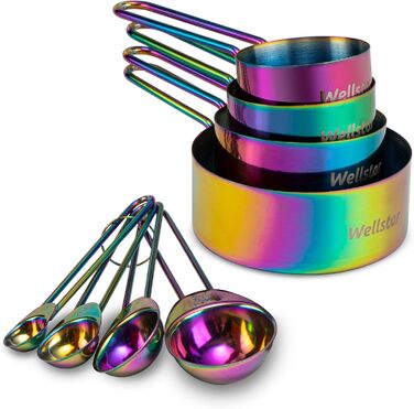 WELLSTAR Measuring Cups and Spoons Set, 4 Measuring Cups & 4 Measuring Spoons, with Stainless Steel Handles for Kitchen Cooking Baking, 8-Piece Set, Measuring Spoon Set for Dry and Liquid Ingredients