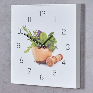 Levandeo Wall Clock, 30x30cm - Picture Clock for Kitchen, Herbs, Spices, Cooking, Decoration (PVC White)