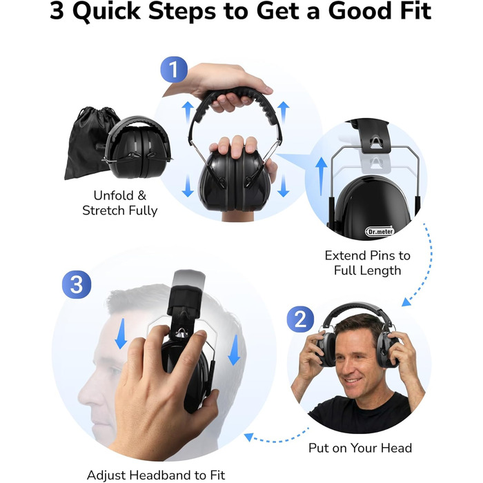 Захисні навушники Dr.meter SNR 31dB: комфортні, регульовані, для будівництва та саду (чорні)