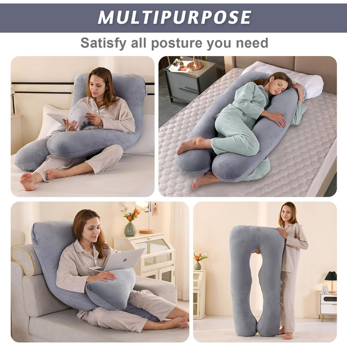 Подушка для вагітних U-подібної форми Vikcvcsc, подушка для всього тіла з чохлом, подушка для годування XXL, велика подушка для сну на боці для вагітних знімний та пральний чохол (Сірий, Велюр)
