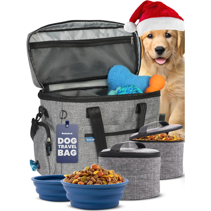 Набір для подорожей з собакою Lucky Tail: органайзер, 2 миски, контейнер для корму (сірий)