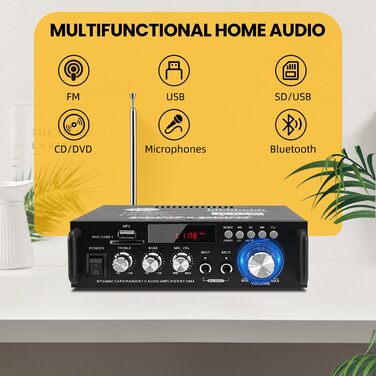 Міні підсилювач HiFi стерео 300Вт+300Вт, бездротовий аудіо підсилювач Bluetooth 5.0, MP3, SD, USB, FM, цифровий приймач для домашніх колонок