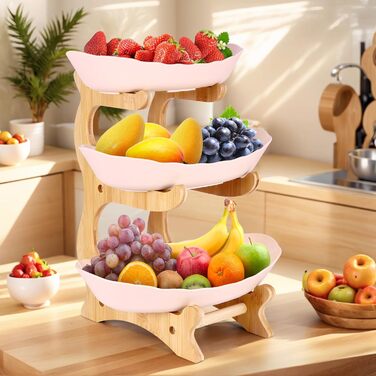 DEECOZY Трирівнева етажерка для фруктів та овочів з бамбуковим підставкою, пластикова фруктова миска, економія місця, для сім'ї, сучасний дизайн (Білий, Бежевий)