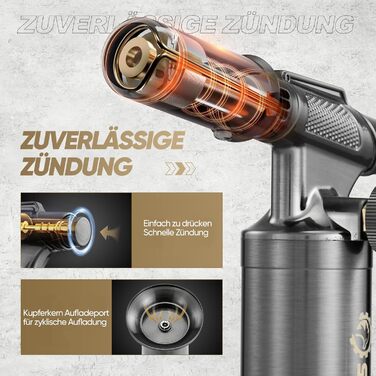 Професійний газовий пальник-фламбе SAKER для кулінарних страв та DIY: бутановий пальник з п'єзорозпалом для крем-брюле, паяння та рукодія, сріблястий