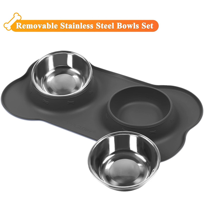 Миска для собак VIVAGLORY Splashfree – нерозливна миска з нержавіючої сталі та силіконовим килимком, сіра, 236 мл