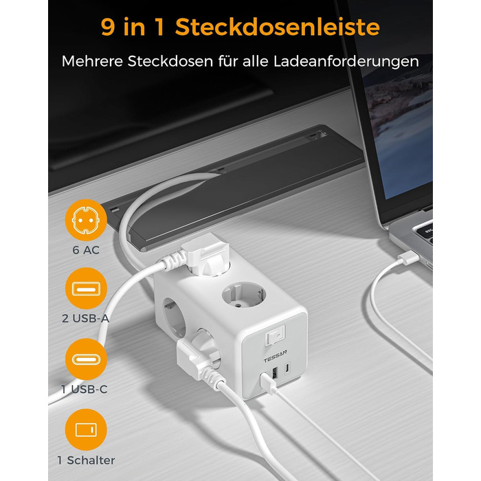 Мережевий фільтр TESSAN 6-fach з USB-C, 9 в 1 з вимикачем, 2 метри кабелю для дому та офісу