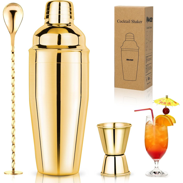 Набір шейкер для коктейлів 750 мл: професійний барний аксесуар з вбудованим ситом, мірний стаканчик та барна ложка. Ідеально для Мартіні, Маргарити та коктейлів (золотий)