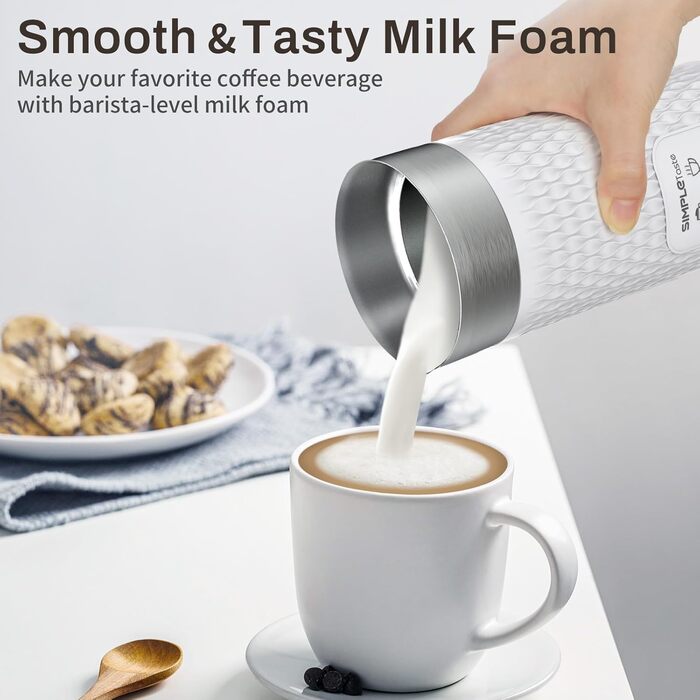 SIMPLETASTE Електричний спінювач молока 4-в-1: нагрів, спінювання гарячого/холодного молока, автоматичне вимкнення, білий