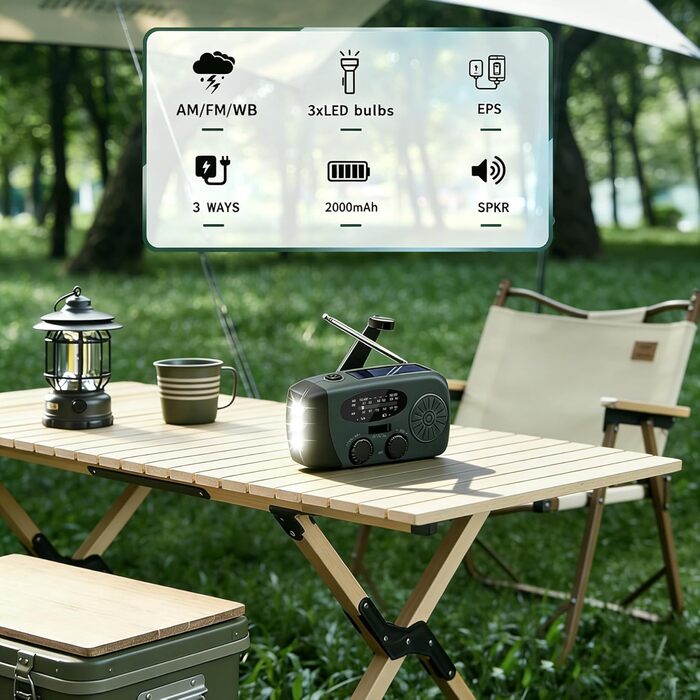 Радіо Solar-Radio 2000mAh на сонячній батареї/AM/FM, з ручним заводом, SOS-сигналом, LED-ліхтарем + USB-зарядка, водонепроникне для кемпінгу, туризму, надзвичайних ситуацій (оливково-зелене)