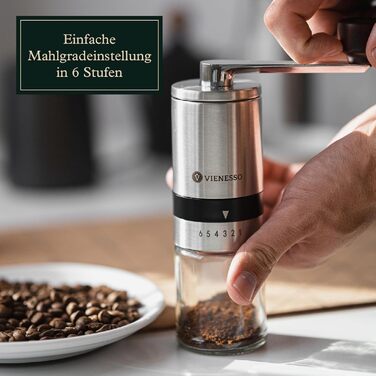 VIENESSA Coffee Grinder Manual/Hand with Ceramic Burr | manual coffee and espresso grinder with 6 grind settings | hand coffee grinder made of stainless steel and glass container + E-Book (silver)