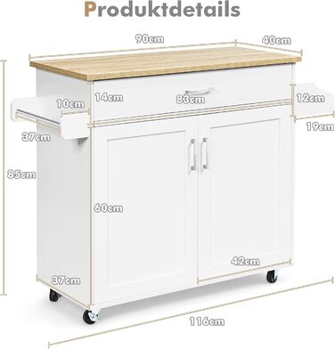 Кухонний візок Giantex на колесах з робочою поверхнею, білий, 116 x 40 x 85 см