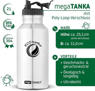 ECOtanka 2.0 Liter™ Stainless Steel Water Bottle with Stainless Steel Cap - Sustainable Water Bottle for Sports, Outdoor Activities, Fitness, BPA-Free, Leak-Proof, Made for a Lifetime (Polyloop Cap)