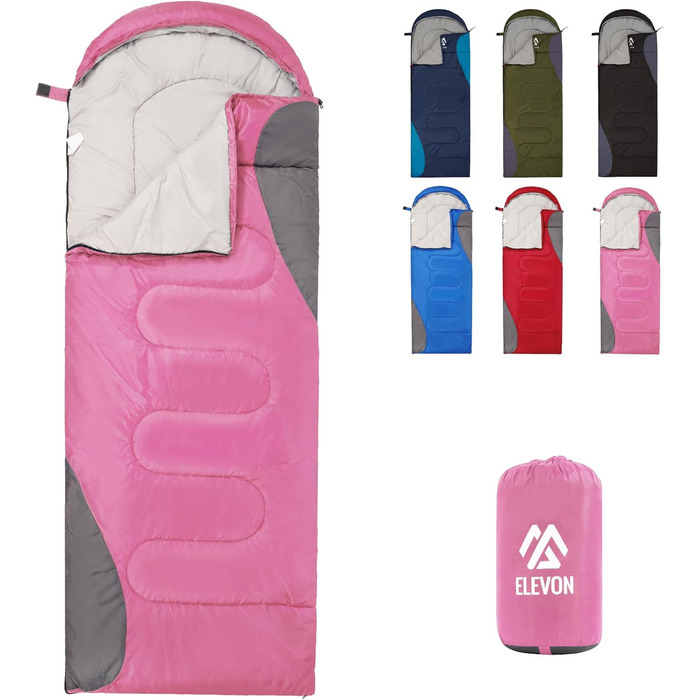 Спальний мішок Elevon для дорослих, підлітків та дітей, для холодної та теплої погоди, водонепроникний, легкий, компактний з компресійним мішком, для 3-4 сезонів, кемпінг, рюкзак, подорожі, зелений (1 особа, 1 шт., Рожевий)