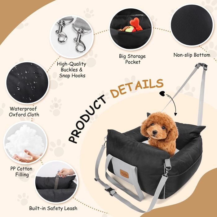 Автокрісло для собак Nobleza - зручне та практичне автоліжко для маленьких собак, 58x56x33 см, Oxford, всі сезони