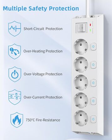 Мережевий фільтр Steckdoseleiste 5-fach з вимикачами, захистом від перенапруги 1050J, для дому та офісу, білий, кабель 2м