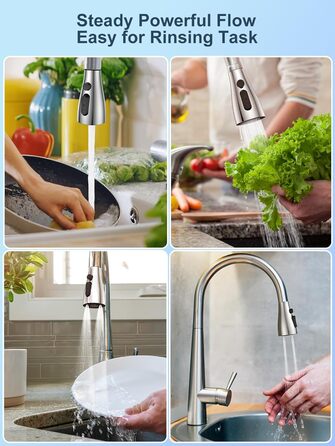 Кухонний змішувач SREWOHS PRO з висувним виливом, 360° обертання, 4 режими розпилення, однорегуляторний, високий вилив, ABS-розпилювач для кухонної мийки, проста установка